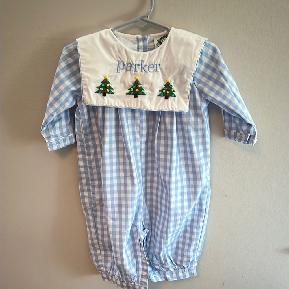 Parker - Blue Gingham Baby Romper with Christmas Trees